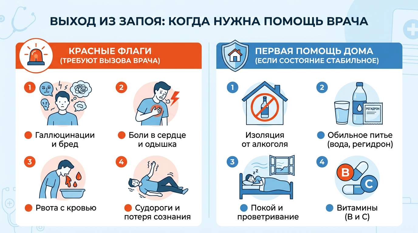 Инфографика: симптомы опасного состояния при запое и правила первой помощи