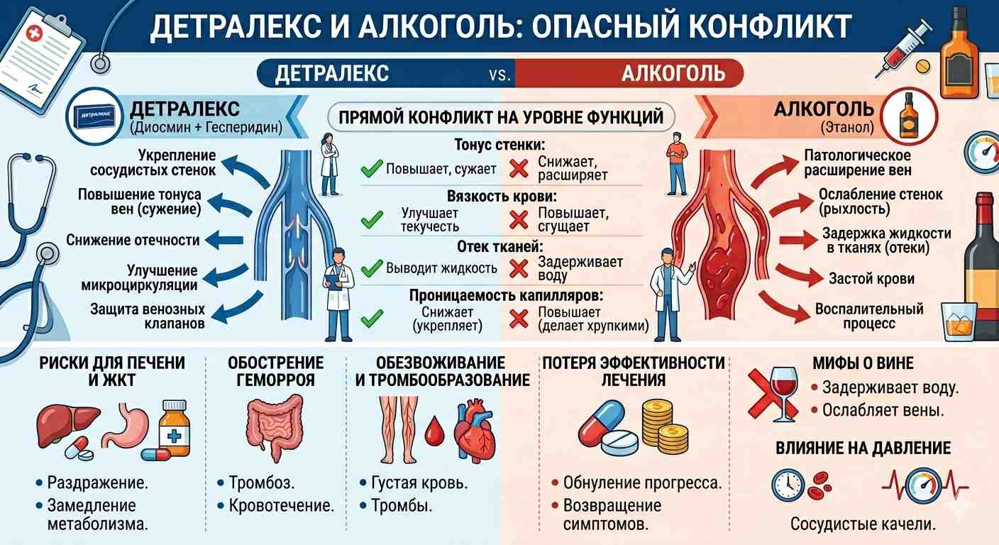 Инфографика «Совместимость Детралекса и алкоголя»