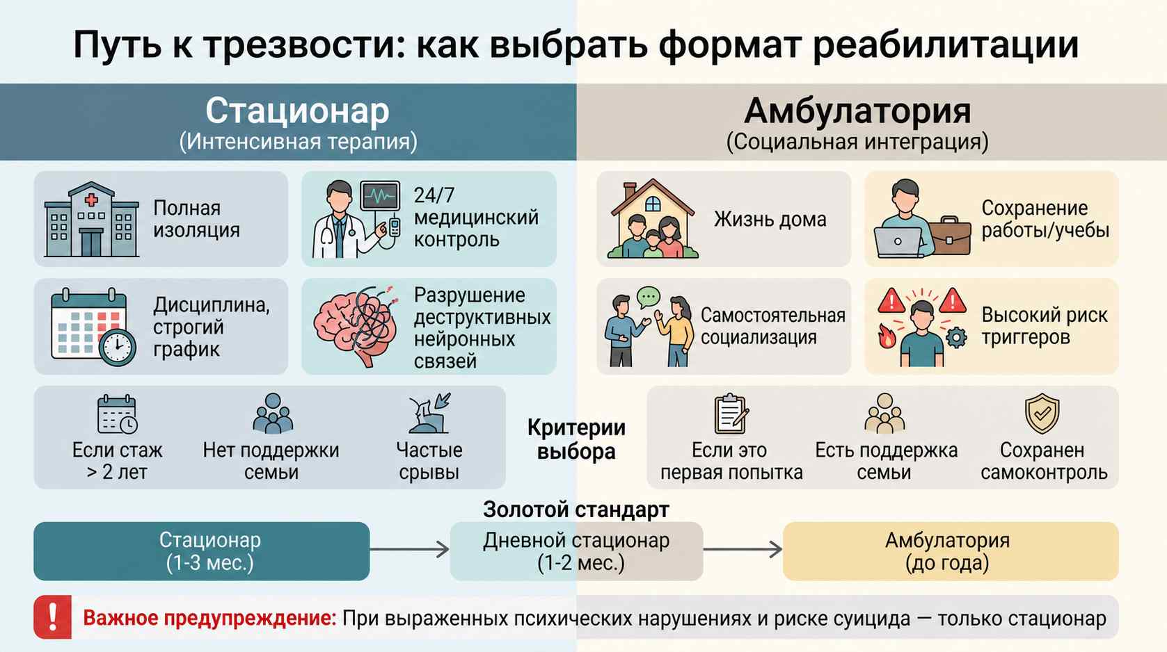 Инфографика сравнения стационарной и амбулаторной реабилитации зависимых