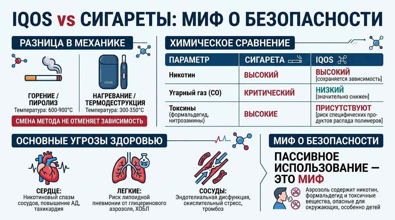 Инфографика, сравнивающая вред систем нагревания табака (IQOS) и обычных сигарет