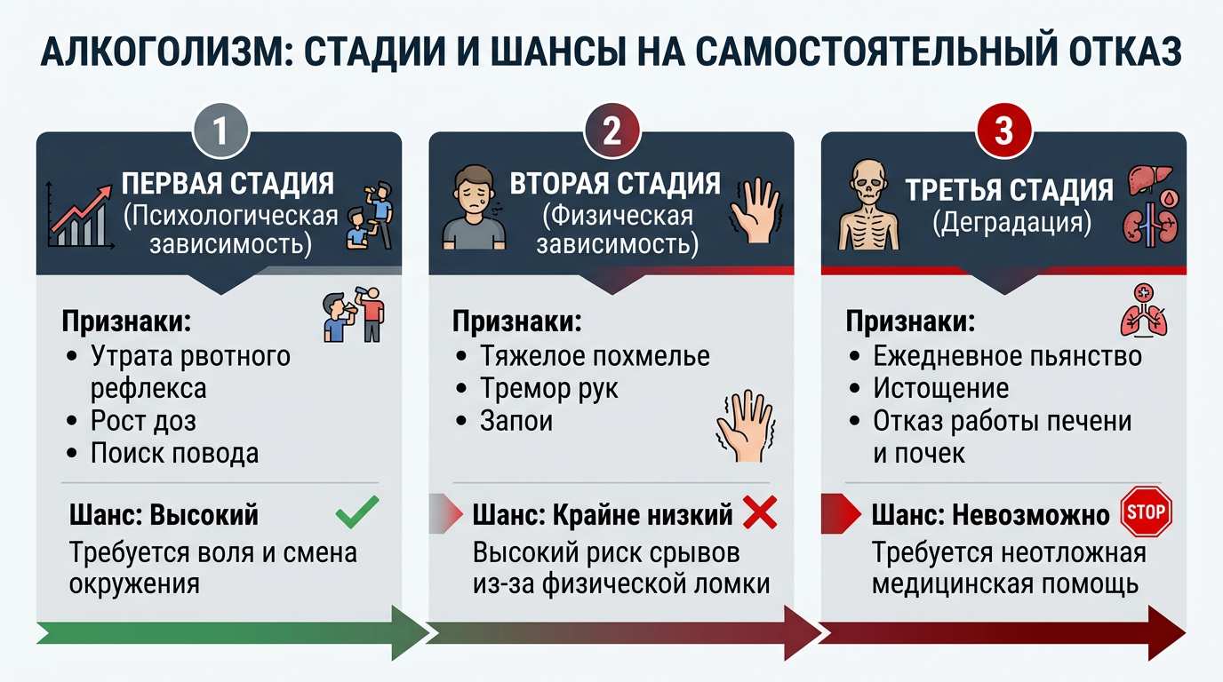 Инфографика: стадии алкогольной зависимости и оценка возможности отказа от спиртного