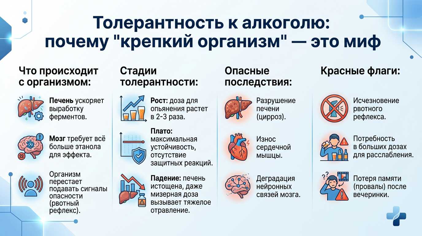 Инфографика: стадии формирования толерантности к алкоголю и риски для здоровья