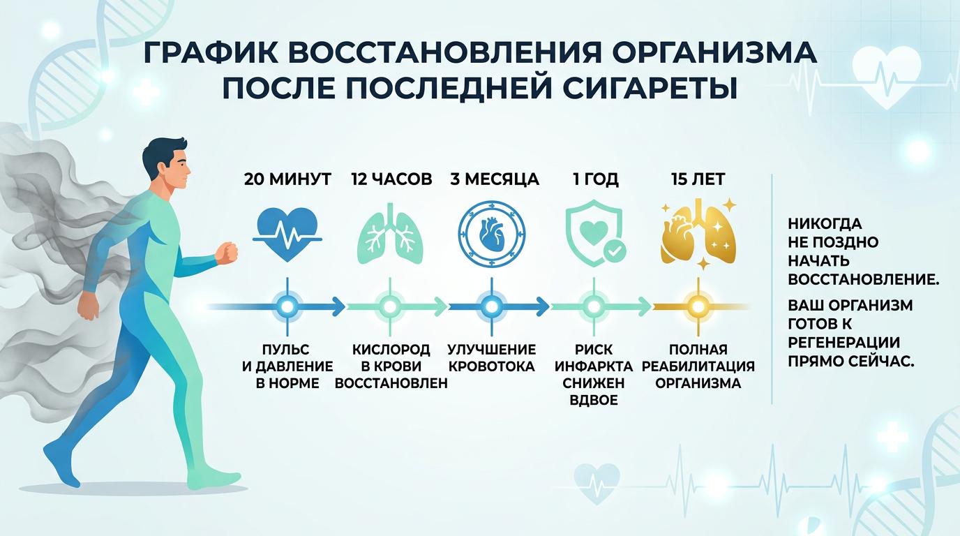 Инфографика восстановления организма человека после отказа от курения