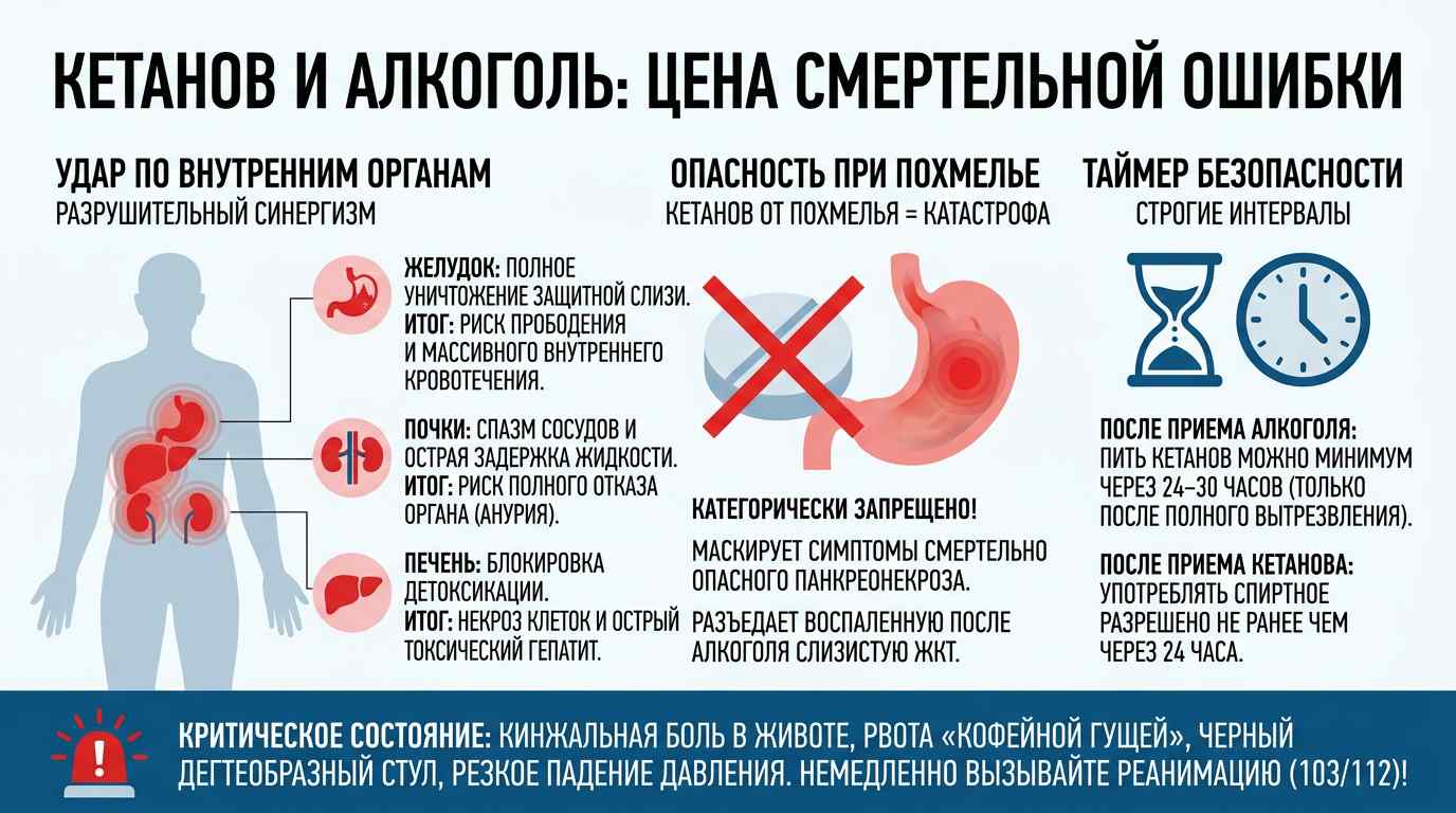 Медицинская инфографика о несовместимости препарата Кетанов (кеторолак) и спиртных напитков