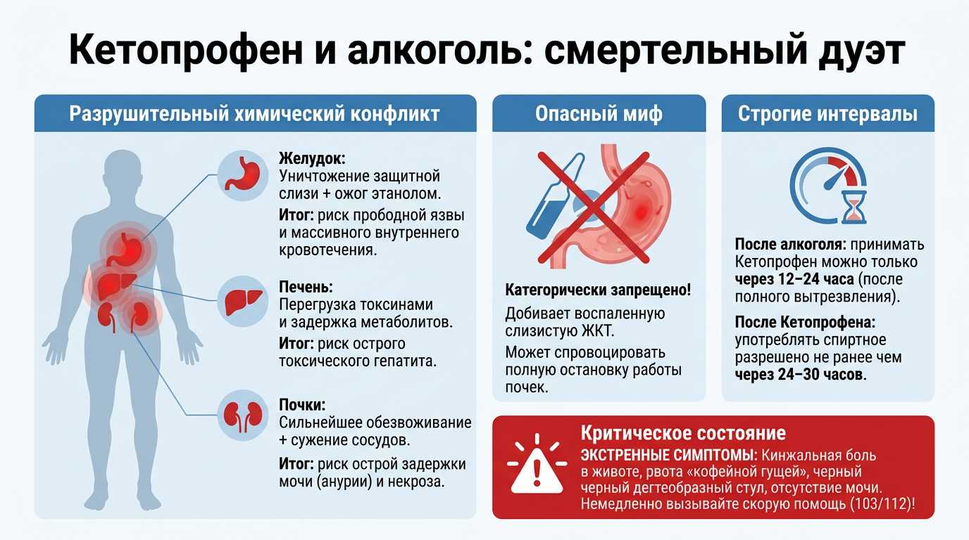 Медицинская инфографика о несовместимости препарата Кетопрофен и спиртных напитков