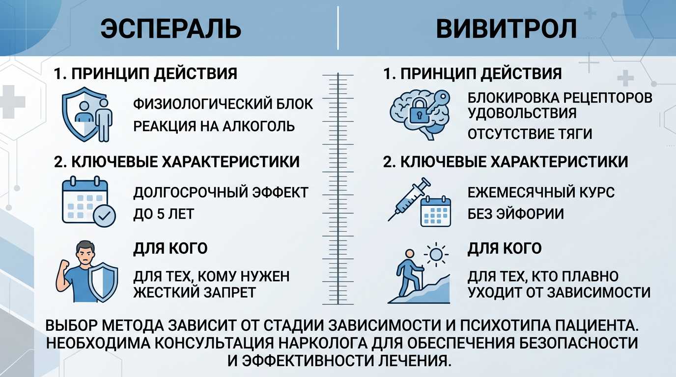 Сравнительная инфографика: Эспераль и Вивитрол — как выбрать метод кодирования от алкоголизма