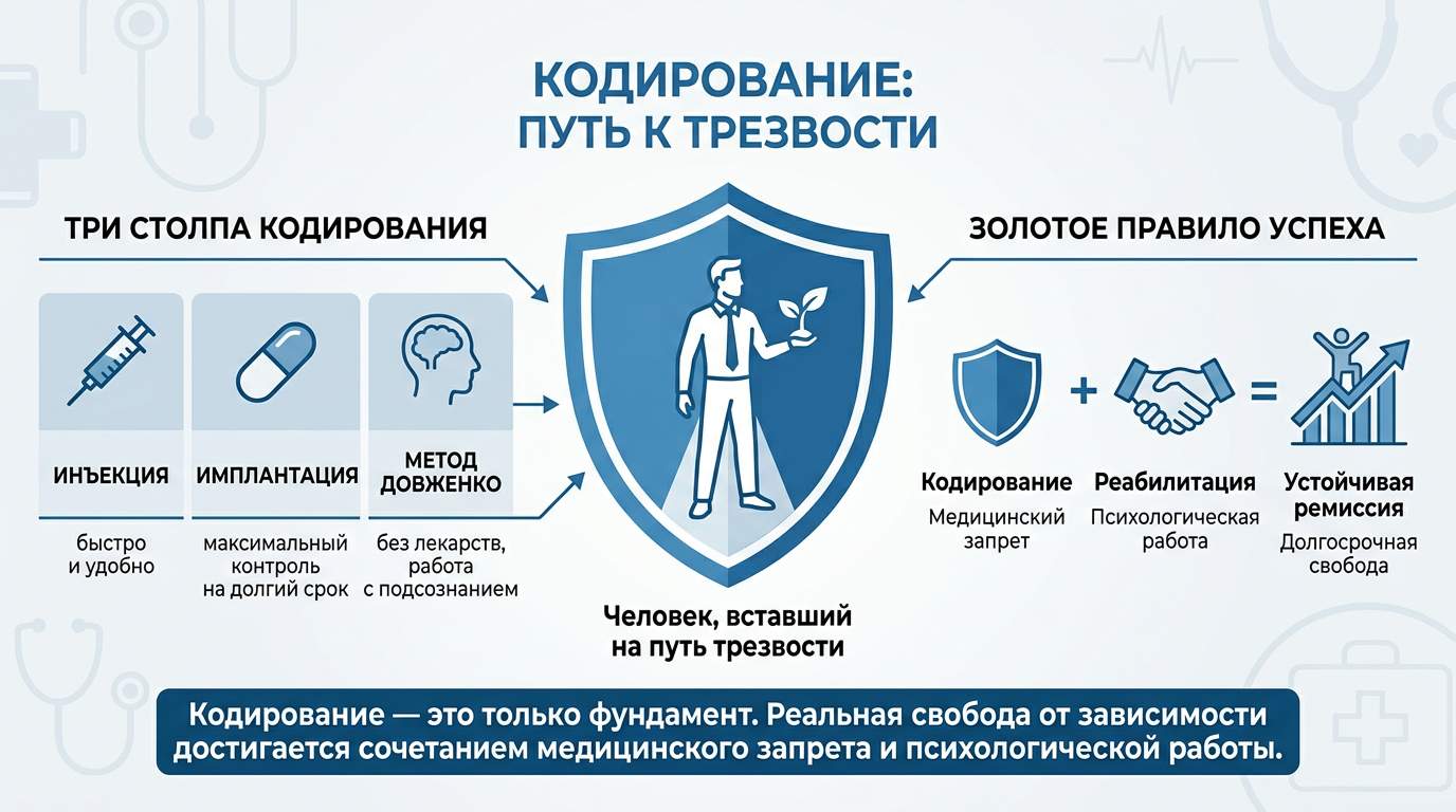 Сравнительная инфографика методов кодирования от алкоголизма: укол, вшивание и метод Довженко